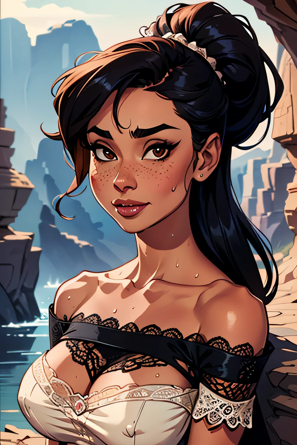 ( Absurdo, hd , Ultra detailed, be careful with your hand ) Close-up view of a slim and athletic woman, 25 anos, 8k (( high definition )), Beautiful Smile, look seductive, brown eyes sweater, wearing a high-waisted black-royal long dress (( with lacy V-necklines, renda chantilly, short sleeves )), thin waist, arms at the sides of the body, pele branca, black hair (( up to the shoulders )), It is in a cave (( upper body trait )), with freckles on the neck and breasts , ((big breasts, sweaty and round, suaves )), (( Well defined collarbone)). Marvel style (( hq )), Dripping cave in the background.