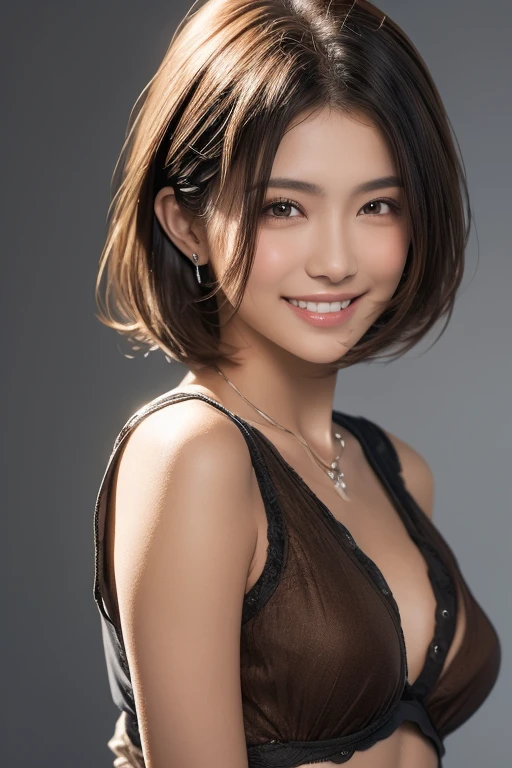 beautiful 30 year old woman。She is wearing a camisole made of satin fabric。Lace on the chest and hem.。cute smile。her dark brown hair、、her hair is long。High resolution、masterpiece、highest quality、Head w:1.4、((Hasselblad Photos))、fine skin、fine knit、(movie lighting)、clavicle