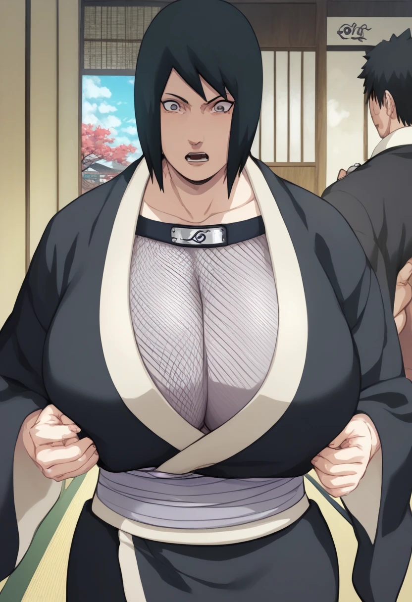 masterpiece,violet lips, violet makeup, She looks over his shoulder ,hands over head, wide eyes, half closed eyes,surprised, puzzled, absurdres, hinata\(boruto\),Akiyama Rinko,yuri, lesbians, ,mature female, minidress, perfect composition, detailed lips, gigantic breast, beautiful face, body propotion, short hair, purple eyes, soft gaze, super realistic, detailed, photoshoot, realistic face and body, closed violet turtleneck, (gigantic breasts: 1.1), curvy, cowboy shot, bare shoulders, seductive smile, inside, nightclub, cleavage, (gigantic breasts: 1.4),shine black tight skirt