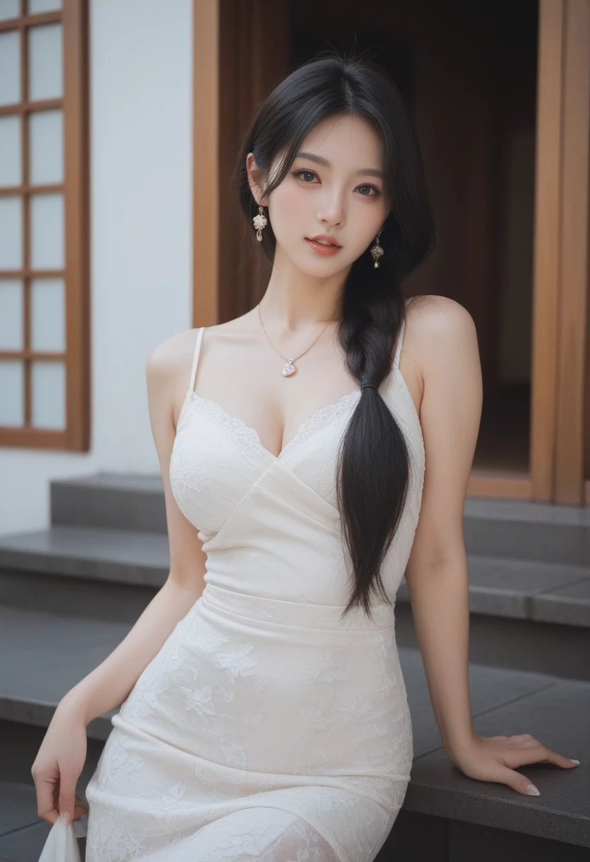 close-up of beautiful Chinese, Vera Lu is a Chinese actress and model, age 25 years old girl, youthful face, white skin body, perfect body, very long hair, black hair, straight hair, bust size 36 inches, wearing a tight plain standard white strapless bodycon mini dress, Lu holding breasts with her own two hands is very sexy and sigh, Lu squeezes the breasts very seductively, Lu lowered her dress a little bit, Lu's dress clothes were cut off by my boyfriend using scissors from the sleeved to the strapless to make Lu sigh and tease, strand by strand Lu's dress clothes fell because they had been cut, the rest of Lu's clothes were scattered at the bottom because they had been cut, Lu's clothes showed off her breasts because they were cut off by my boyfriend so that they looked more sexy and seductive, sexy looking pose, pose a naughty look, pose looks seductive, at the boyfriend bedroom, boyfriend bedroom background, UHD