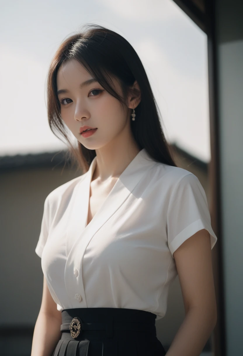 absurdres, RAW photo, extremely delicate and beautiful, masterpiece, Best Quality, ultra high resolution, 32k, hyperrealistic, ultra-detailed, perfect anatomy, super Detailed skin, perfect figure, Super Beauty, Perfect Style, Perfect balance, Beautiful Lighting, Perfect Lightning, Realistic Shadows, 20 years old, very Slim body, narrow waist, very small head, very small face, delicate facial features, handsome detailed woman, very detailed eyes and face, realistic face proportions, Realistic beautiful face, Realistic beautiful eyes, tearful mole, earring, very huge round breasts, legs, medium hair, asymmetrical hair, full_body_shot, indoor, school_uniform, short skirt, bare foots,