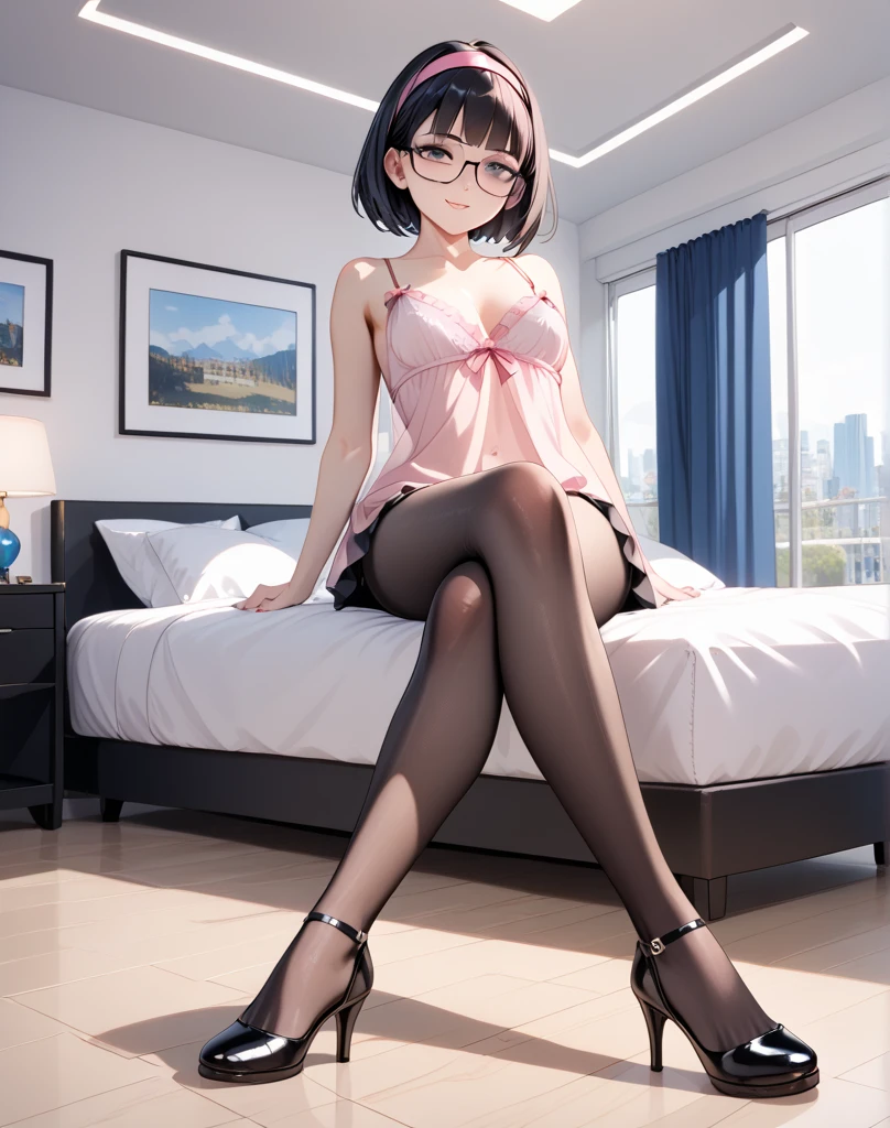 Secret Relationship、beautiful, High resolution, Perfect lighting, alone, Black Hair, short hair, Shiny Hair, Forehead protector, Iris, Red frame glasses, Exposing shoulders, (White panties、lingerie:0.9), Sitting, 裸feet, feet裏, From below, Bed, looking at the viewer、(((feet、feetコキ、 dripping)))
