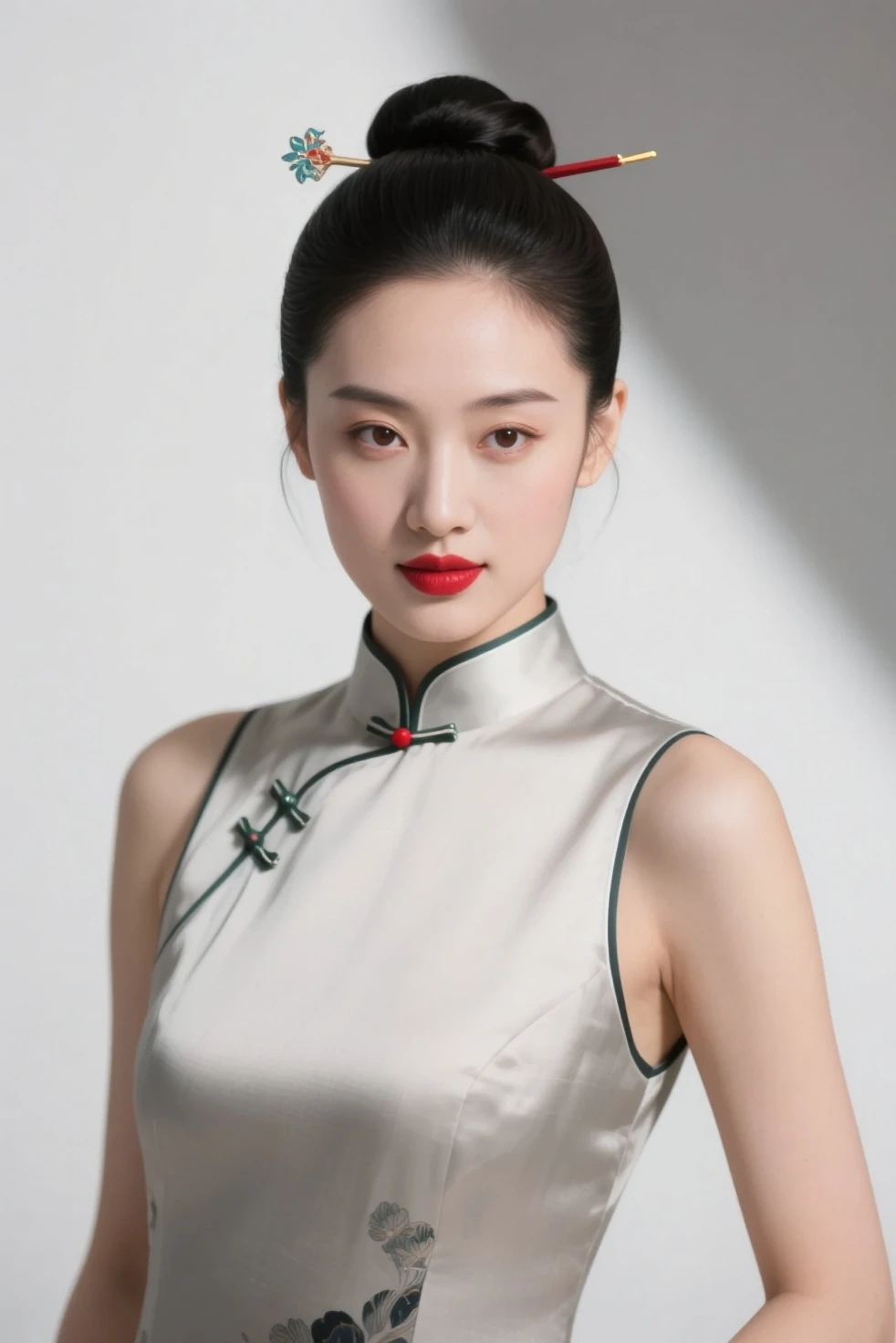 (goddess-like happiness:1.2),ulzzang-6500-v1.1,modelshot style,(RAW photo, photography, illustration, masterpiece, ultra detailed, top quality, official art, ultra detailed, CG, unity, 8k wallpaper, cinematic lighting, highres, original, extremely detailed 8k uhd, dslr, wallpaper), (photo-realistic:1.35), HDR, depth of field, floral print,cowboy shot,fashion, Paris Collection, model struts down the catwalk with confidence and poise. Her long legs effortlessly carry her down the runway, and her graceful movements captivate the audience's attention. She wears (sleeveless Qipao:1.5),hair ornament, necklace, jewelry, long hair, earrings,exquisite facial features,exquisite hair, that accentuates her narrow waist, large breasts and enhances her beauty. As she reaches the end of the runway, she pauses and strikes a pose, showcasing her outfit from every angle, <lora:Chi_SongYi_v1_0:0.8>