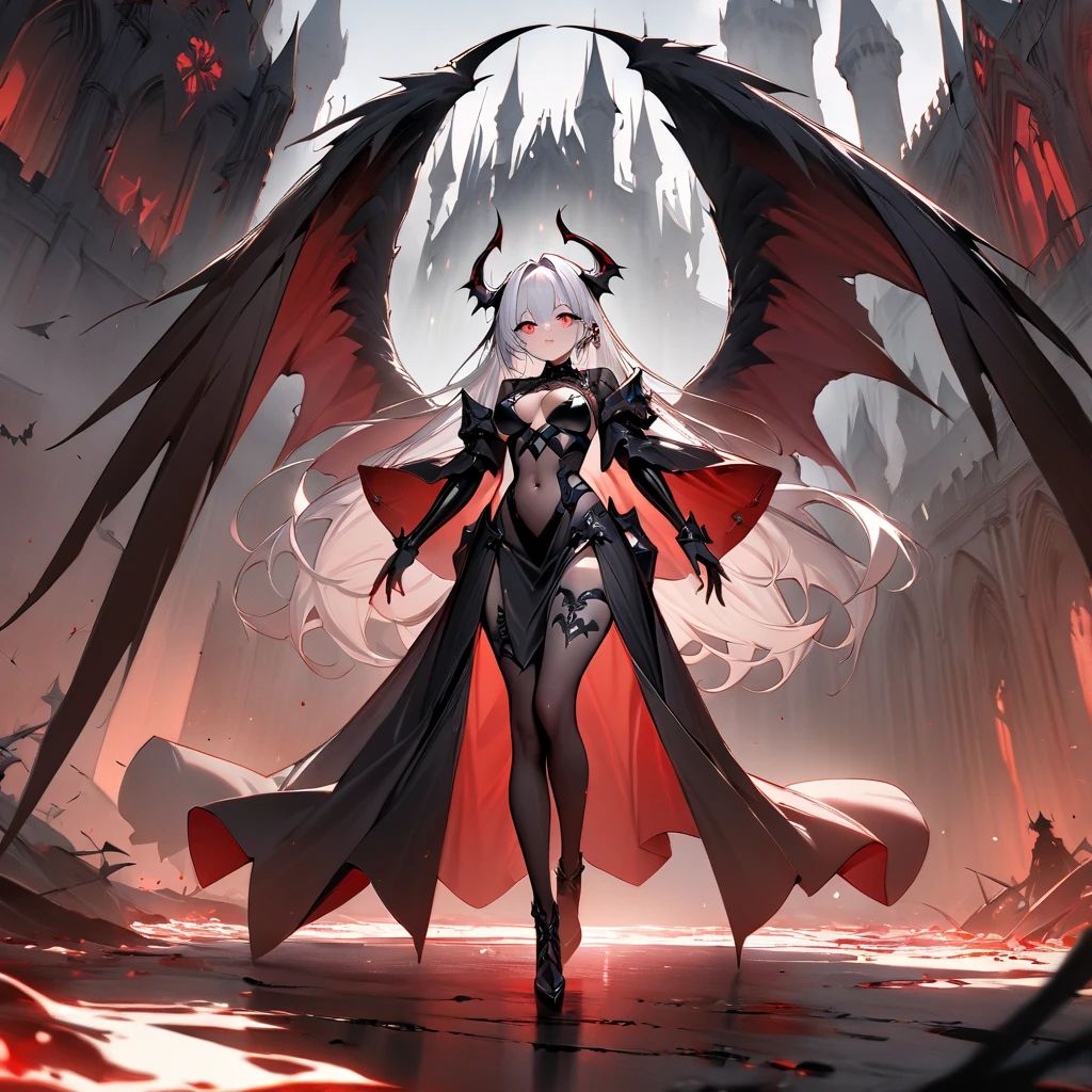 a fantasy image, a cave full of bones and skulls, it should show a faint moonlight, in the center of the image there should be a woman with long bat wings and long horns, the background should be a clear night sky with a moon red behind.