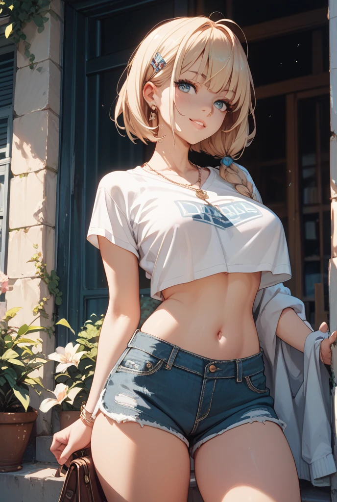Under boobs,(masutepiece), Best Quality, Extremely detailed, (watercolor paiting), bloom, Delicate and beautiful, Illustration, (From below),(1girl in:1.4), (Solo:1.2), Large breasts, (Ribbed white sweater:1.3), off-the-shoulder white sweater, (Short shorts:1.2), Bare shoulders, (underboob:1.5), ((Dark skin:0.8)), Beautiful eyes, (disheveled hair ), modeled, over-the-shoulder shot, by Alex Maleev, Professional, Canon Camera, Nikon Camera, sharp, Bokeh, Studio Quality, fish-eye lens, by Robert Capa ,handjob gesture,