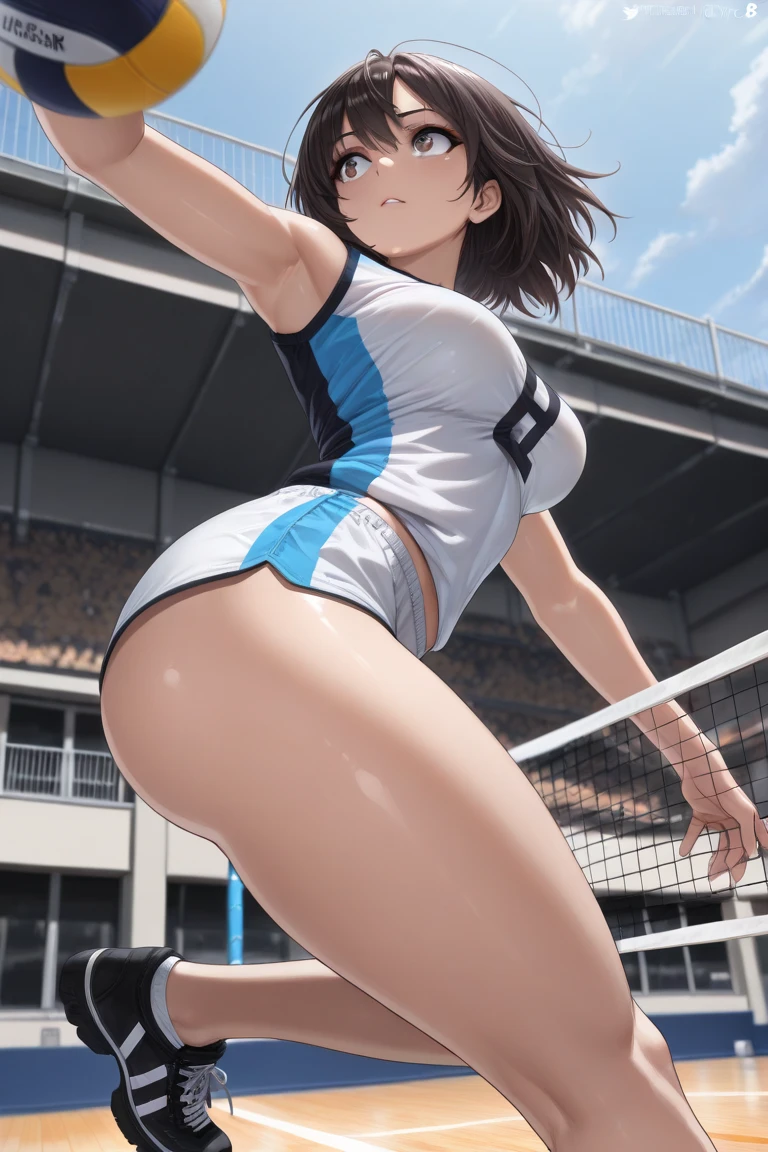 Live Sports, 8k wallpaper, Anatomically correct, (((masterpiece))), (((highest quality))), (((Super detailed))), (((High resolution))), ((The ultimate cuteness)), Perfect hands, Perfect Fingers, (((Excellent anatomy))), Beautiful face in every detail, Shining brown eyes,Shiny brown hair, (Slightly chubby), Small butt, Small breasts, ((Thick thighs)), (((Alone and naked))), ((Captivating smile)), (((blush))), , break,(((Naked during a volleyball game))),The audience is cheering,(((I got so hot playing that I took my uniform off.,I took off my pants too))), (((Completely naked ))),(((Completely nakedで敵のスパイクをレシーブする))),Angle to capture pussy,(((Inserting penis into pussy))), With pussy juice soaked in, (((covered in 汗))), ((Take a deep breath)), On the volleyball court, indoor, (((The vaginal opening is fully open))),Lighting, look at pussy, Completely naked, (Voice of the Heart)