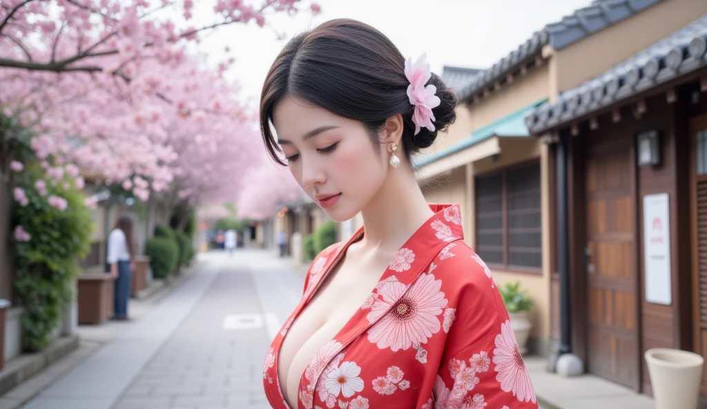beautiful japanese woman with big breasts in revealing red kimono sakura garden bare legs off shoulders