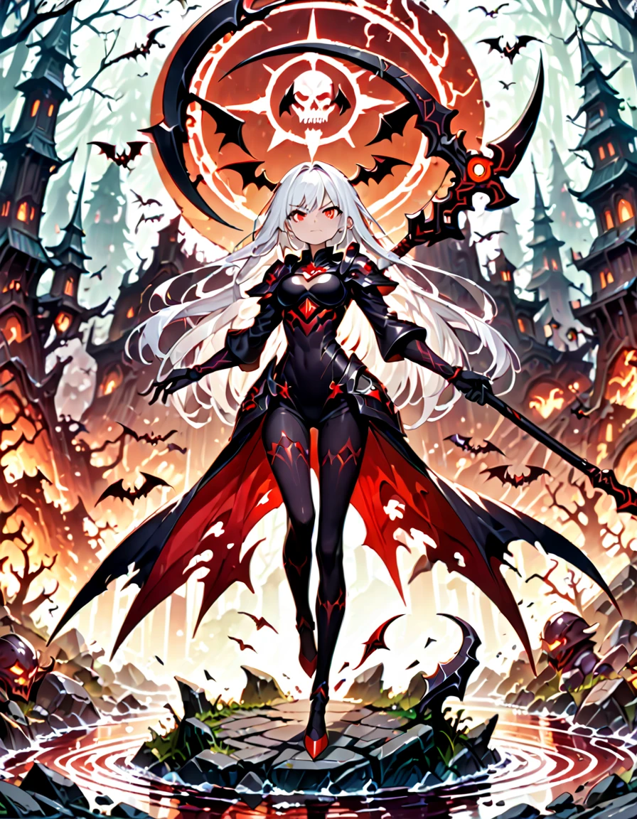  (((Masterpiece, best quality, 16k))) female character with long white hair and piercing red eyes. She wears a demonic armor in purple, black, and white.  wields a large, stylized scythe. The character has a menacing expression, with a chaotic environment as the background. ((full body front view)). ((slender)), (extremely detailed:1.5), (long white hair:1.2), (piercing red eyes:1.2), (chaotic environment:1.1), (demonic armor:1.3), (stylized scythe:1.3).