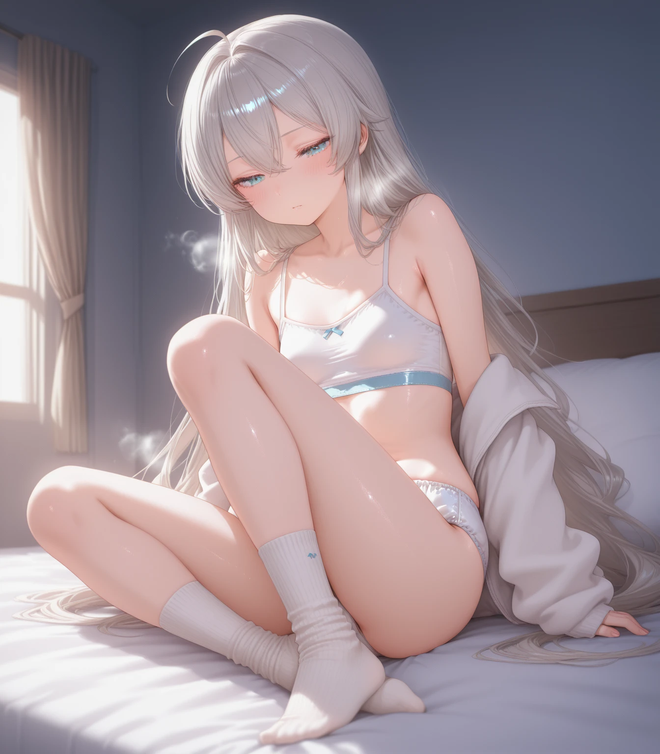 (masterpiece、top-quality、hight resolution、photos realistic、real looking skin:1.1)、1loli、Little Japan girl at 12 years old、Short stature、full body Esbian、(Very small breasts:1.5)、short twintails、Beautiful eyes、Shining eyes、embarrassed from、(Cute white bra:1.5)、(Cute white panties:1.5)、(M-shaped legs:1.5)、(Sit and open legs:1.5)、(Spread your legs apart:1.5)、(arms behind back:1.5)、(On the bed in the bedroom at night:1.5)、(sockes:1.5)、NSFW