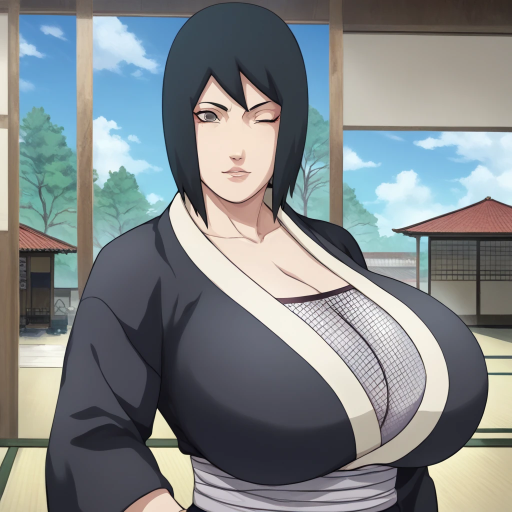 masterpiece, absurdres, hinata\(boruto\), 1girl, solo,mature female, short dress, perfect composition, detailed lips, gigantic breast, beautiful face, body propotion, short hair, purple eyes, soft gaze, super realistic, detailed, photoshoot, realistic face and body, (short kimono:1.1), cleavage, (gigantic breasts: 1.4), curvy, cowboy shot, bare shoulders, seductive smile, indoor, palace