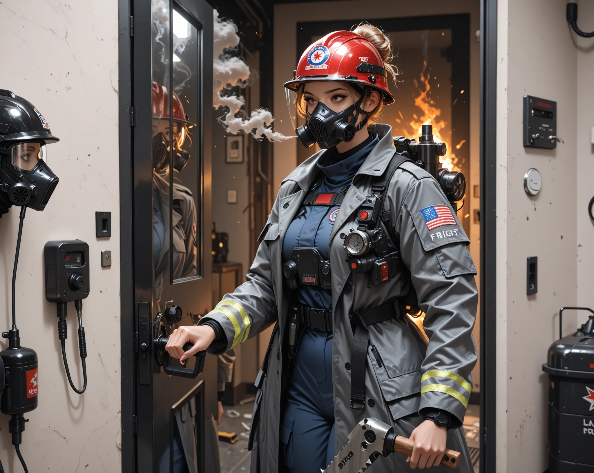 (nsfw, vulgar art:1.2), (2d style:1.2), (artwork:1.2), (lineart:1.33), , by (Satoshi Kon:1.2) BREAK, best quality, masterpiece, 8k, (hdr:1.1), (cinematic:1.2), (firefighter's outfit, firefighter's outfit:1.4), (medium breast:1), elsa of arendelle, long hair, smile, blue eyes, (blonde hair:1.3), braid, single braid