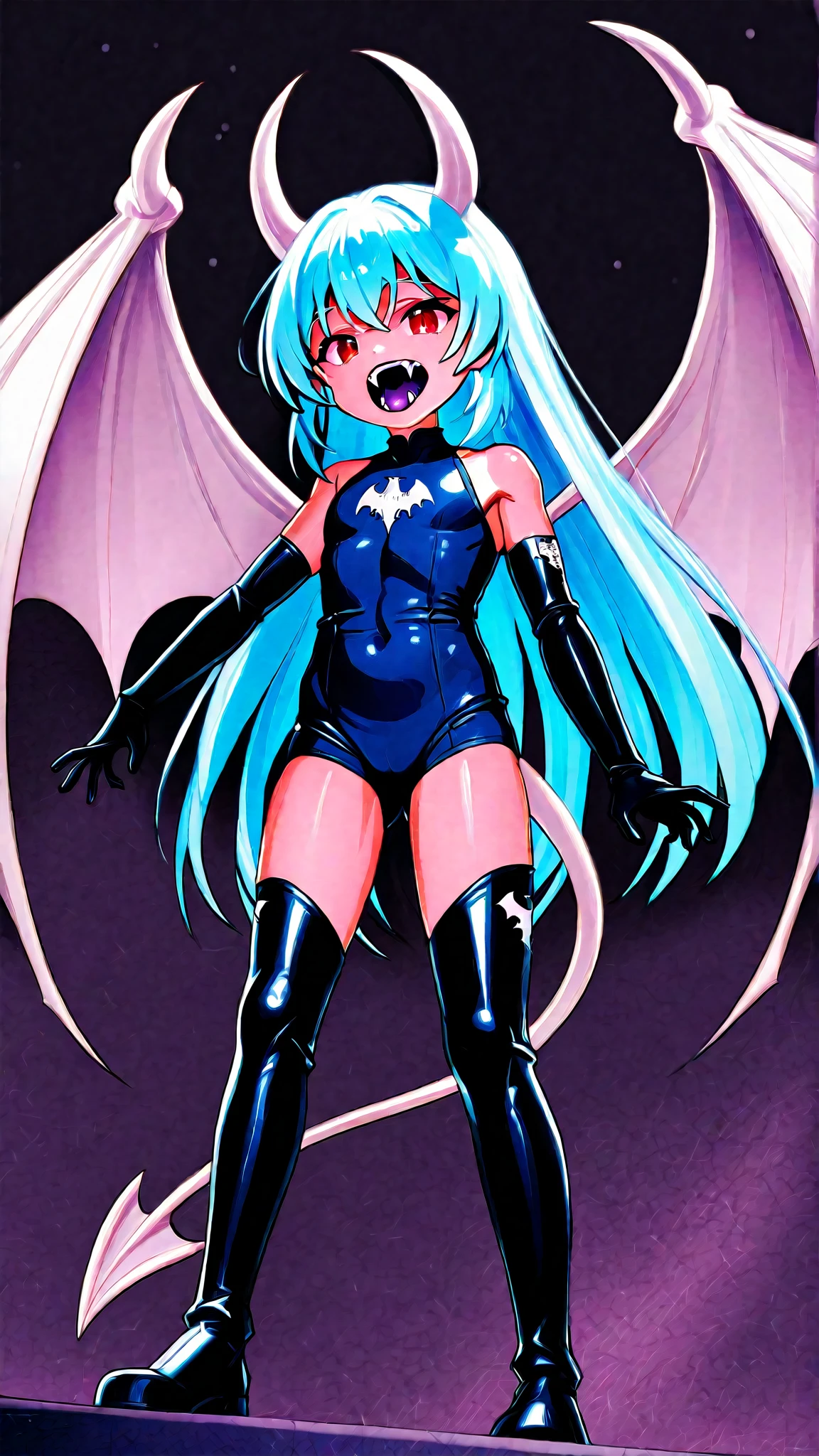 (((a girl))),(((blue skin:1.3))),(long hair),(light green color hair),(Black Sclera),((small breasts)),((slender child)),((highest quality)), ((masterpiece)), (be familiar with), Perfect Face,succubus woman,Demon woman,demon horn,demon wing,demon tail,((crotch tattoo)),smile