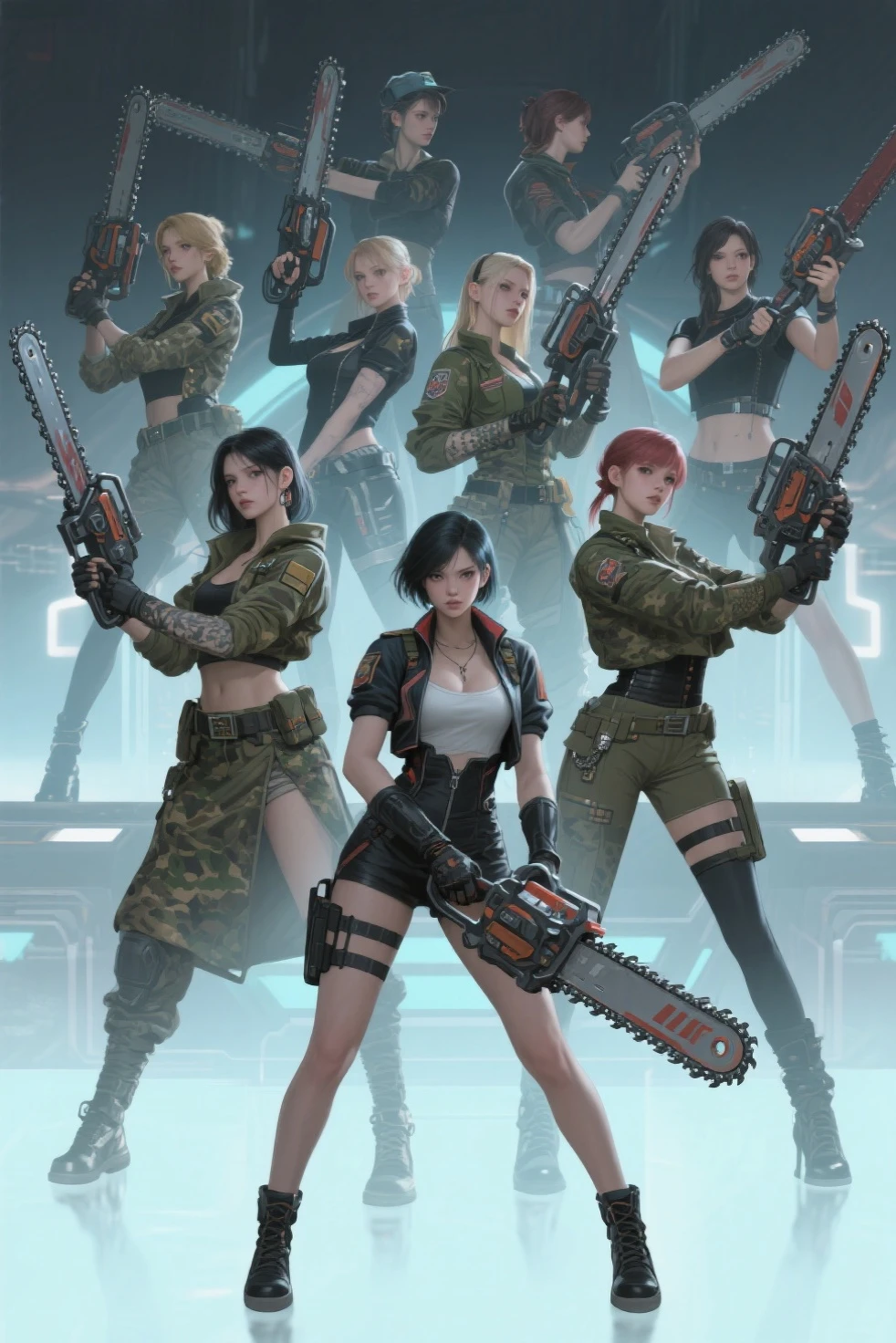 masterpiece, high quality,1 girl, full body, standing, security guard, Special Assault Team, special forces, ((holding super large shield)), black wear, modern, cute, smiling, bright, holding gun, forehead, red hair, medium hair, innocent, cute, ((black background)),Aurora Arknights,
