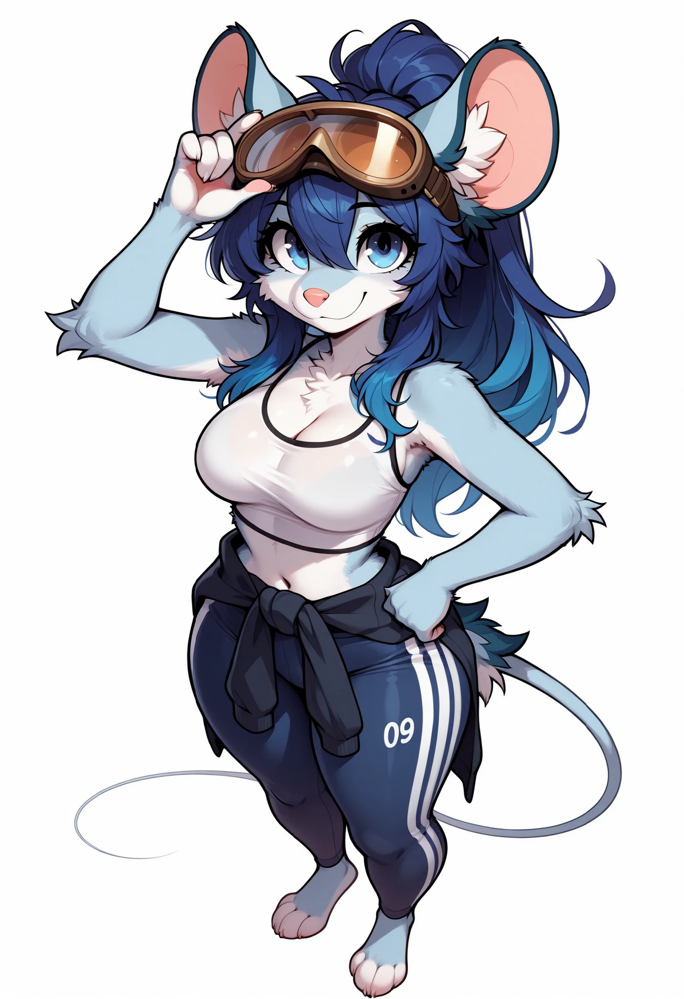 (Masterpiece) (High Detail) (High Res) Full body image. A view from above A very short petite anthro mouse Furry Female with navy-blue Fluffy Fur across her whole body and long navy-blue hair in a ponytail and bright navy-blue eyes and navy-blue fluffy mouse ears and medium breasts and a long fluffy navy-blue mouse tail and wide hips and thick thighs. Long navy-blue hair. All navy-blue fur. Long Hair. She is wearing a white crop top showing cleavage and a hoodie around her waist and a pair of baggy sports pants. She has welding goggles on her head. She is looking up with her hands on her hips and looks friendly. She is smiling and looking up at the viewer. She is in a void blank background.