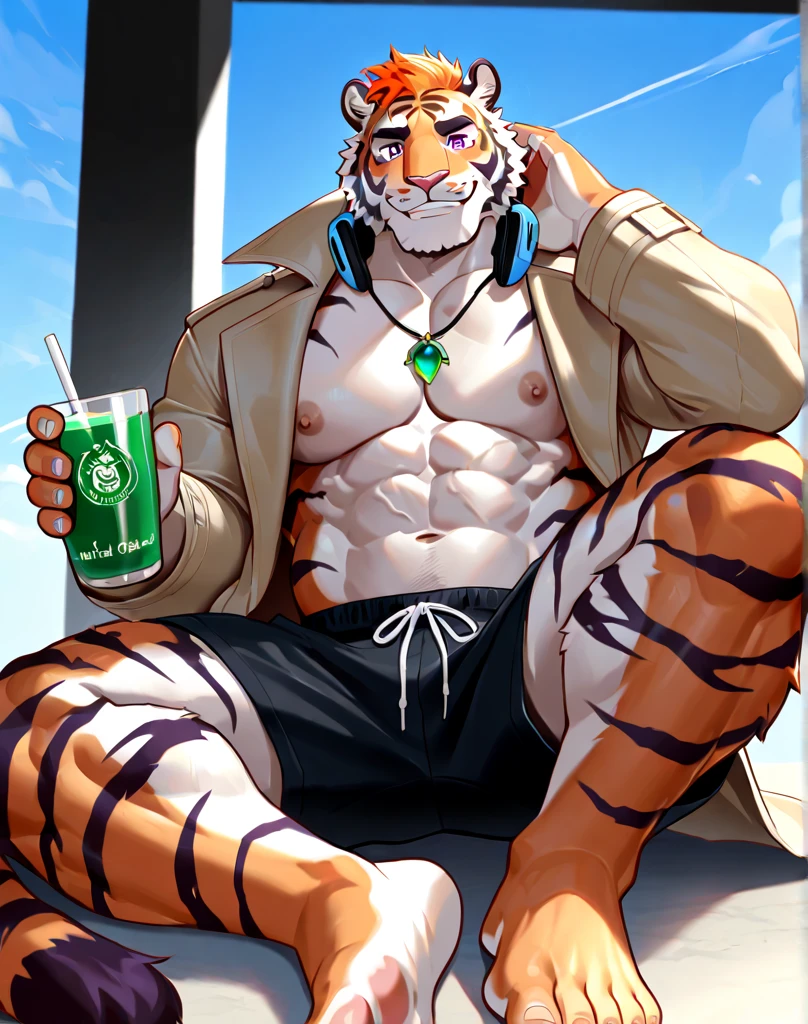 yan shu chi, green eyes, (pose:1.3), (posing:1.3), (soft shading), 4k, hi res, five fingers, detailed hands, ((detailed face, (detailed eyes:1.0), detailed)), (full body), by zackarry911, by zaush, (by personalami:0.5), solo, looking at viewer, smile, 1boy, navel, holding, sitting, , male focus, sweat, one eye closed, shorts, stomach, feet out of frame, abs, wristband, bulge, topless male, white shorts, can, red shorts, navel hair, elbow pads, ((muscular male:1.5))