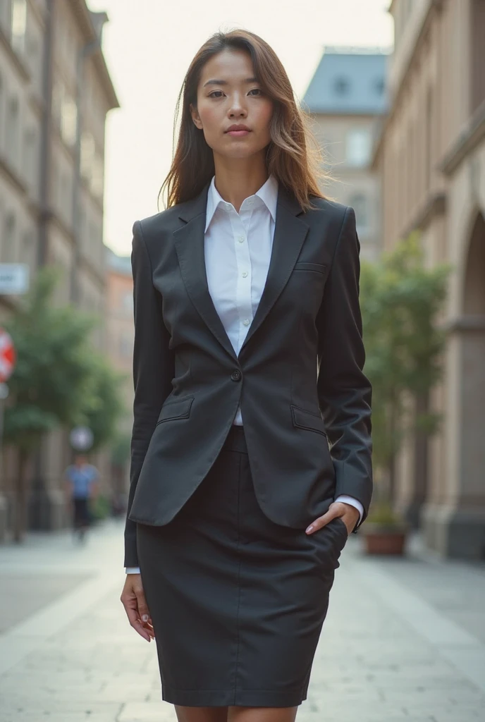 Uma garota advogada impecavelmente vestida, with a well-fitting formal attire that displays professionalism and elegance. She's on the move, Maybe caught in a moment where you're crossing the street in a busy city, with office buildings in the background. His gaze is focused and determined, reflecting the seriousness of your workday that is about to begin. Ela pode estar carregando uma pasta de couro ou uma bolsa de designer, Accessories that complement your look and status. The scene should be illuminated by a soft light early in the morning, com a cidade acordando ao fundo.
The image should capture the dynamism and determination of the lawyer, highlighting her as a figure of success and dedication in her urban and professional environment.