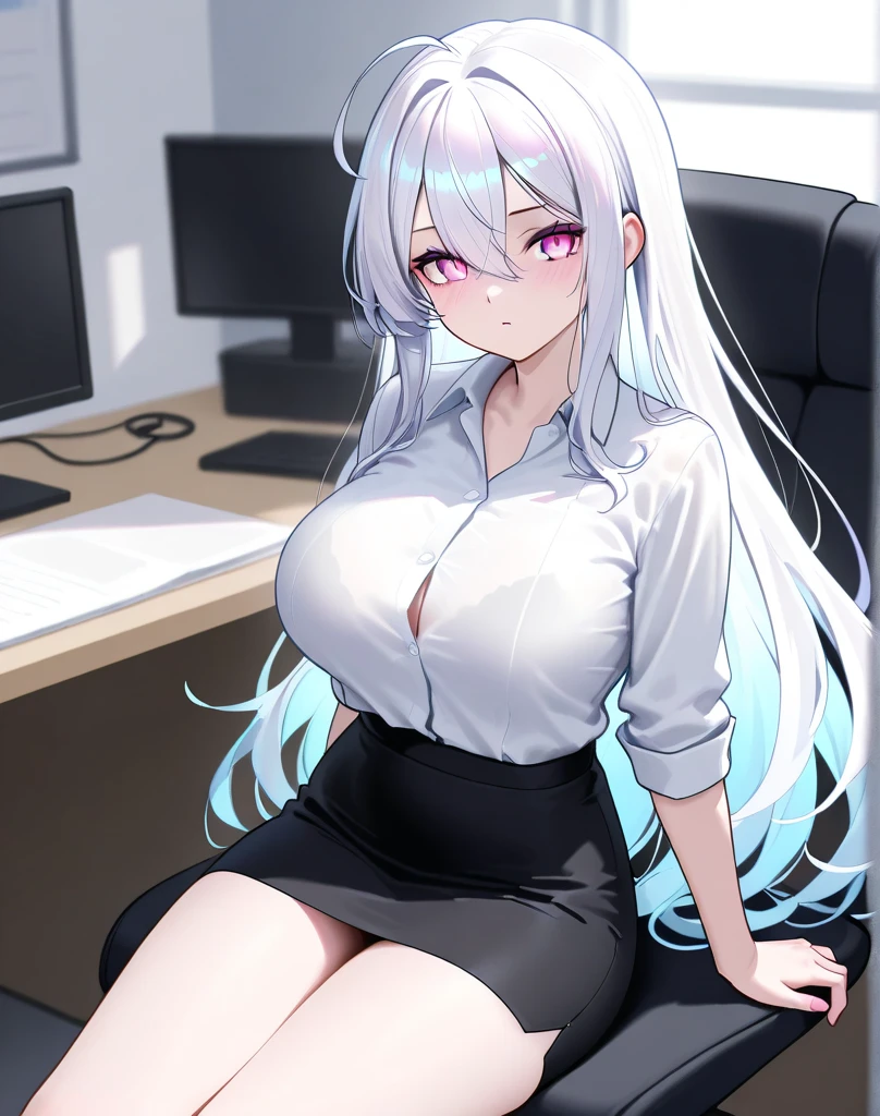 1girl in、独奏、((white shirt))、black thighhighs、breastsout、breastsout、valley、校服、office backdrop、a black skirt、pleatedskirt、s Office、hair between eye、hair adornments、large full breasts、length hair、Look at viewers、Silver short nails、Pink eyes、独奏、thighs thighs thighs thighs、thighs thighs thighs thighs、((masterpiece))、sitting on、a chair、desk、Computer on desk、nametag、ID Tags、inside the house、red blush、sexy pose、 hands behind back、((Office Top))、