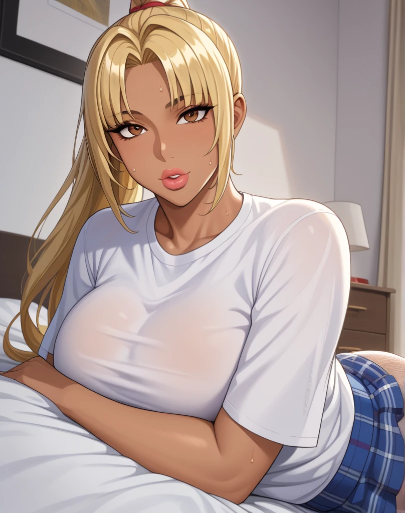 1 mature woman Falling in love face Super high resolution Masterpiece Long blonde hair Beautiful anime face Black police hat White tank top Navel visible Ripped denim shorts Emphasizing crotch Sexy pose Nice body Bedroom