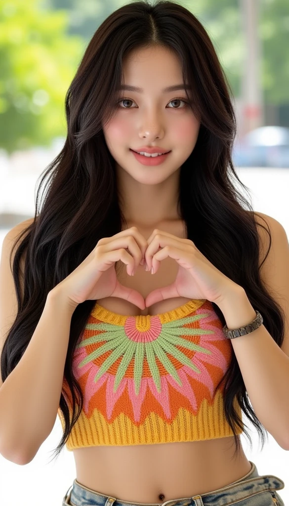 sexy smiling making heart with hands), (realistic photo: 1.4), (hyper realistic: 1.4), (realistic: 1.3), (softer lighting: 1.05), (increase the quality of cinematic lighting: 0.9), 32K, 1 girl, 20 year old girl, realistic lighting, backlight, light on face, ray trace, (bright light: 1.2), (increase quality: 1.4), (skin with real texture of better quality:  1.4), smiling, happy, finely detailed eyes, finely detailed face, black hair, finely quality eyes, (joy, flush, smile, happiness), close-up of the smile face, (Increase body line mood: 1.1), (Increase the beauty of skin texture: 1.1) (smiling red lingerie making heart with your hands), (cold colors), damp, damp, reflections, balcony background with many buildings (masterpiece) (perfect proportion)(realistic photo)(best quality) (detailed) photographed in a Canon EOS R5, 50mm Lens, F/2.8, HDR, (8k) (wallpaper) (cinematic lighting) (dramatic lighting) (sharp focus) (intricate)