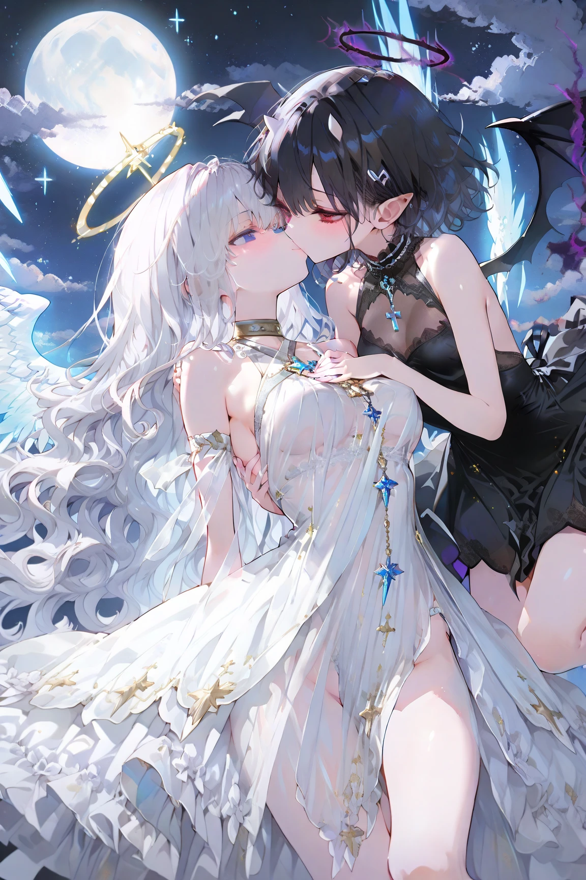 ​masterpiece、top-quality、hight resolution、Very detailed、The 8k quality、Detailed background、detailed skin textures、chies、Light shining、Detailed light representation、A solemn atmosphere、Two beautiful girls with height difference、small tits、discreet breasts、Small breasts、Embarrassing、red blush、Looking at each other、Staring at each other、Sheer costumes、See-through dresses、Costumes with deep slits、holding each other、Kissing、A slender、being thin、Smirking expression、lilie、homoerotic、Small buttocks、No Underwear