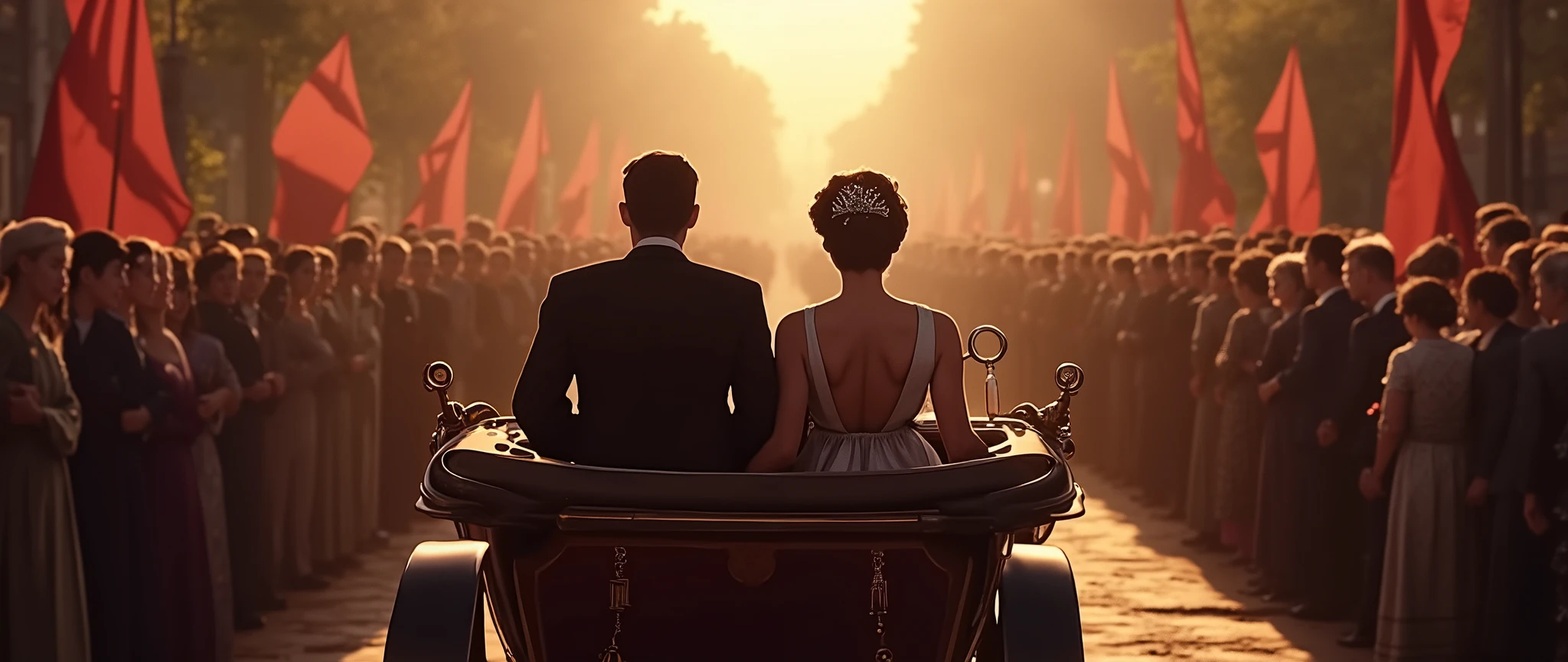Imagine a vibrant and emotional historical scene. A crowd of people gathers around an elegant vintage car, a 1911 Gräf & Stift 28/32 Double Phaeton, seen from behind. In the back seat, with their backs to us, are Archduke Franz Ferdinand of Austria and his wife, Sophie, Duchess of Hohenberg, on 28 June 1914. The scene captures a wide view, showing the atmosphere of the time, with typical early 20th century clothing, flags and a sense of anticipation in the air. The car should be faithfully depicted to the original model, highlighting its classic and elegant details, while the crowd expresses a mix of admiration and curiosity. This composition should convey the importance of that historical moment, with an authentic and detailed atmosphere.. complex clothing textures, warm lighting, photorealistic, cinematic composition, vibrant colors, depth of field (best quality, 8k, high resolution, masterpiece: 1.2), ultra detailed (realistic, photorealistic, photorealistic: 1.37), cinematic lighting, dramatic shadows, romantic scene.