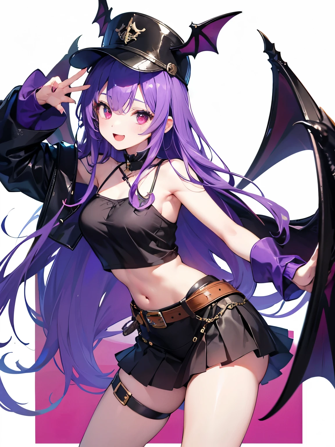 Purple hair，Cat ears made of hair，Two small white flower hair accessories plus a small black bow，Shoulder-length double ponytails tied with black cloth，Close one eye，Tongue against right lip，Wearing a white gauze bra wrapped in a black fine mesh bra with black leather thin suspenders，Exposing belly，Raise your right hand to your shoulder in a claw-like motion，The lower body is wearing a white gauze short skirt with a black skirt，Black leather thin strap cross leg ring，Leg rings inlaid with metal，Leg rings with fine mesh over-knee white silk，Sitting on the ground in a duck sitting position，No shoes，There is a purple single black cloth band on the back with a cloth wing，Black and white checkered marble floor