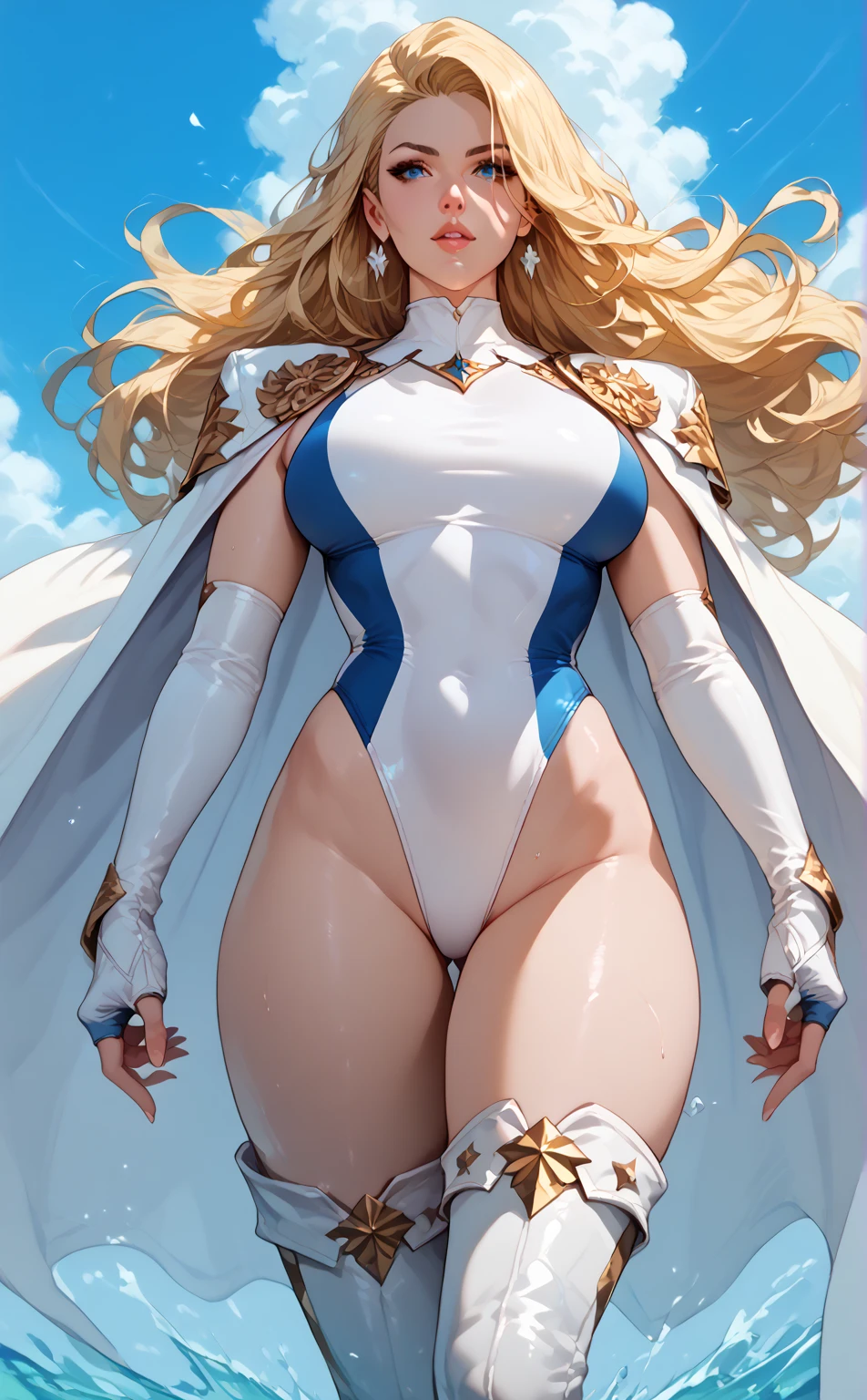 source_anime, best quality, clear face, Emma frost from Marvel, blonde hair, blue eyes, long hair, large breasts, perfect body, looking at viewer, smile, sexy The Marvel clothes, White corset, white cape, Long white gloves, White panties, White stockings, in the city club, standing, from behind position, big ass