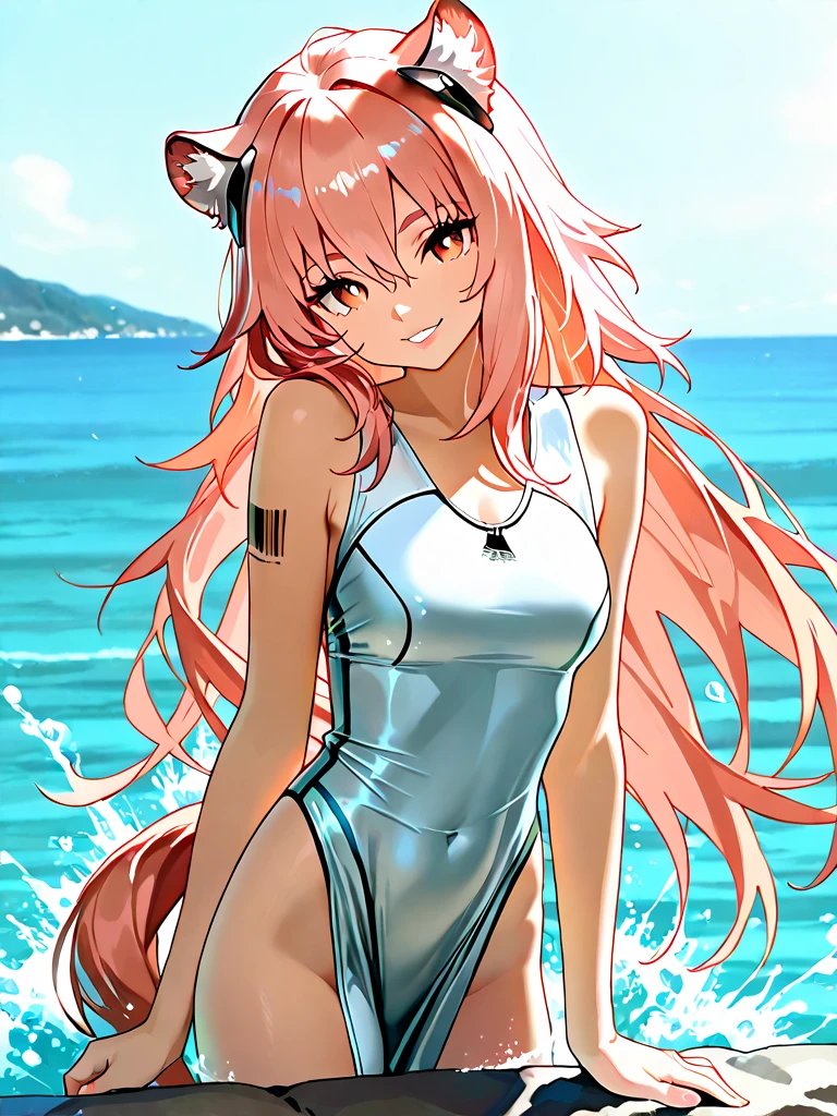 Yae miko 1girl, solo, heart, white leotard swimsuit ,beach, dawn, pink hair