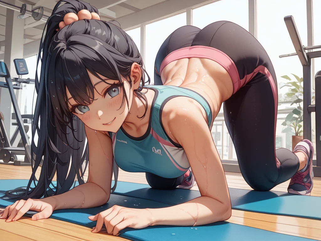 1girl, bluenette hair, light blue hair, gym clothes, stretching