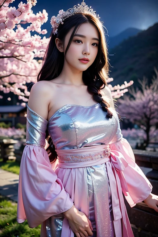 Young woman, korean, Korean idol, idol make up, brunette, bangs, pale skin, very long straight hair, idol face face, unbelievably beautiful face, big lips, large breasts, large butt, wide hips, Tiny Kebaya costume, cleavage, nervous look on face, full body, Flower garden setting,