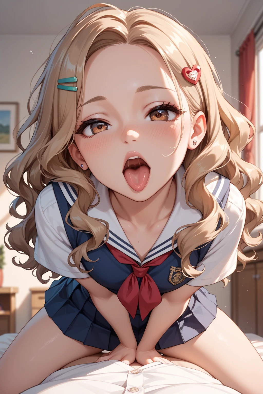 Masterpiece、8K、beautiful girl,Evening Classroom、Sailor suit that hides the belly、Clearly defines the overall facial contours,Depict the whole body,Beautiful posture,Hair is purple、Sweat、Oily skin、Twin tails、Fine skin、sneakers、Licking your fingers、Looking up、blush、Skirt that hides pants、Stretching out the tongue、Sit on a chair