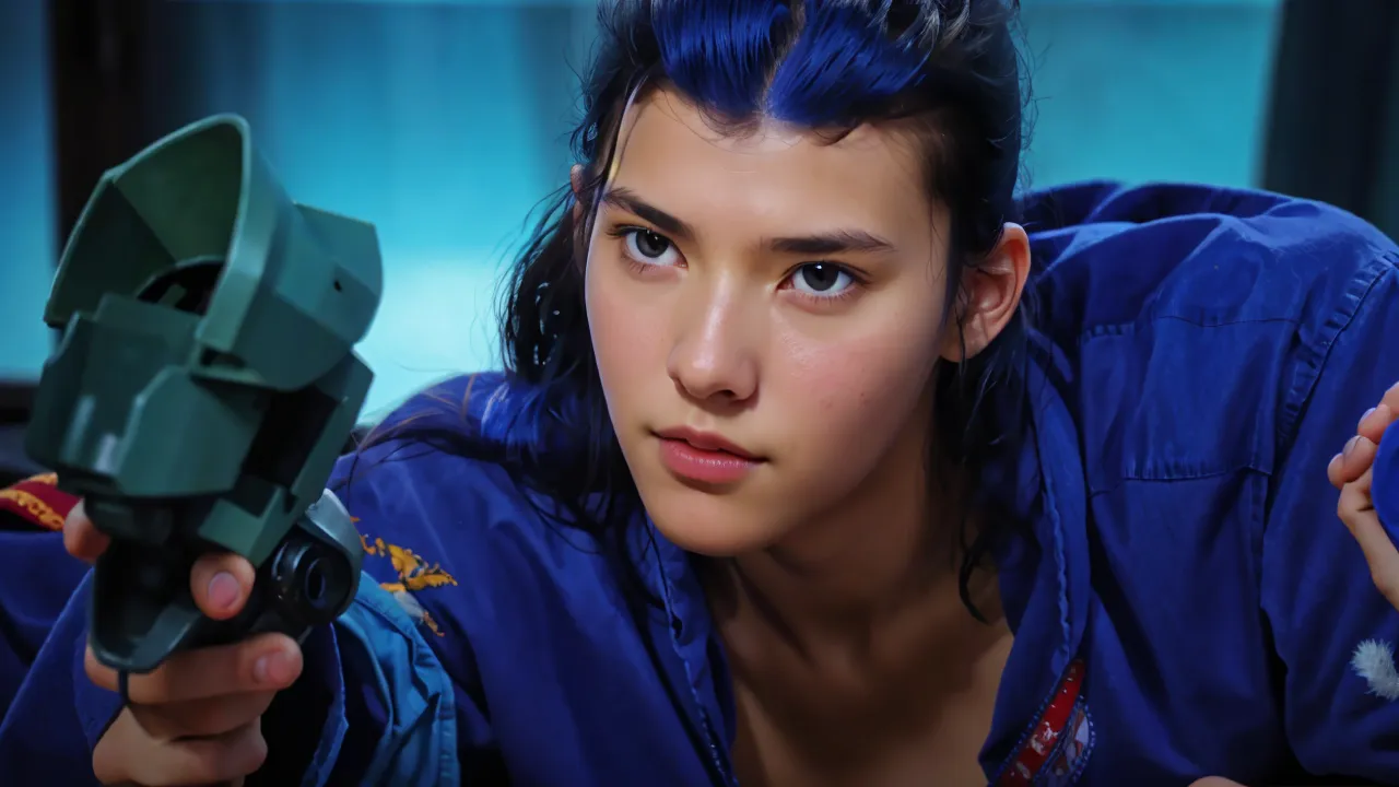 (best quality), (masterpiece), detailed, depth of field, perfect lighting, 1girl, mature female, about 48 yo, blue eyes, blue hair, low ponytail, hair ornament, (best quality), (masterpiece), detailed, depth of field, short sleeves, blue kimono, blue hair, upper body, huge natural breasts, smile, BREAK, surrounded by burly fat bbc black males,