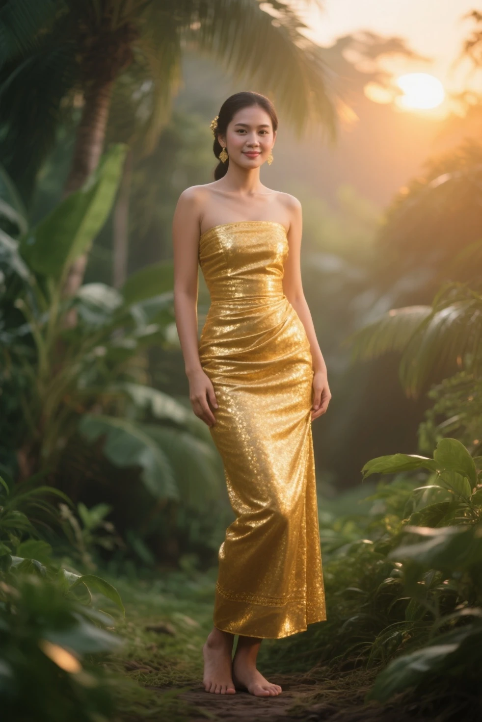 (masterpiece, best quality:1.2),1girl, bare shoulders, black hair, breasts,Wooden wall, bush,Dai ethnic skirt, earrings, flower, garden,Chinese Dai ethnic clothing,Diagonal draped light gauze skirt, strapless dress, grass, hair bun, jewelry, makeup, outdoors, plant, red lips, solo, standing