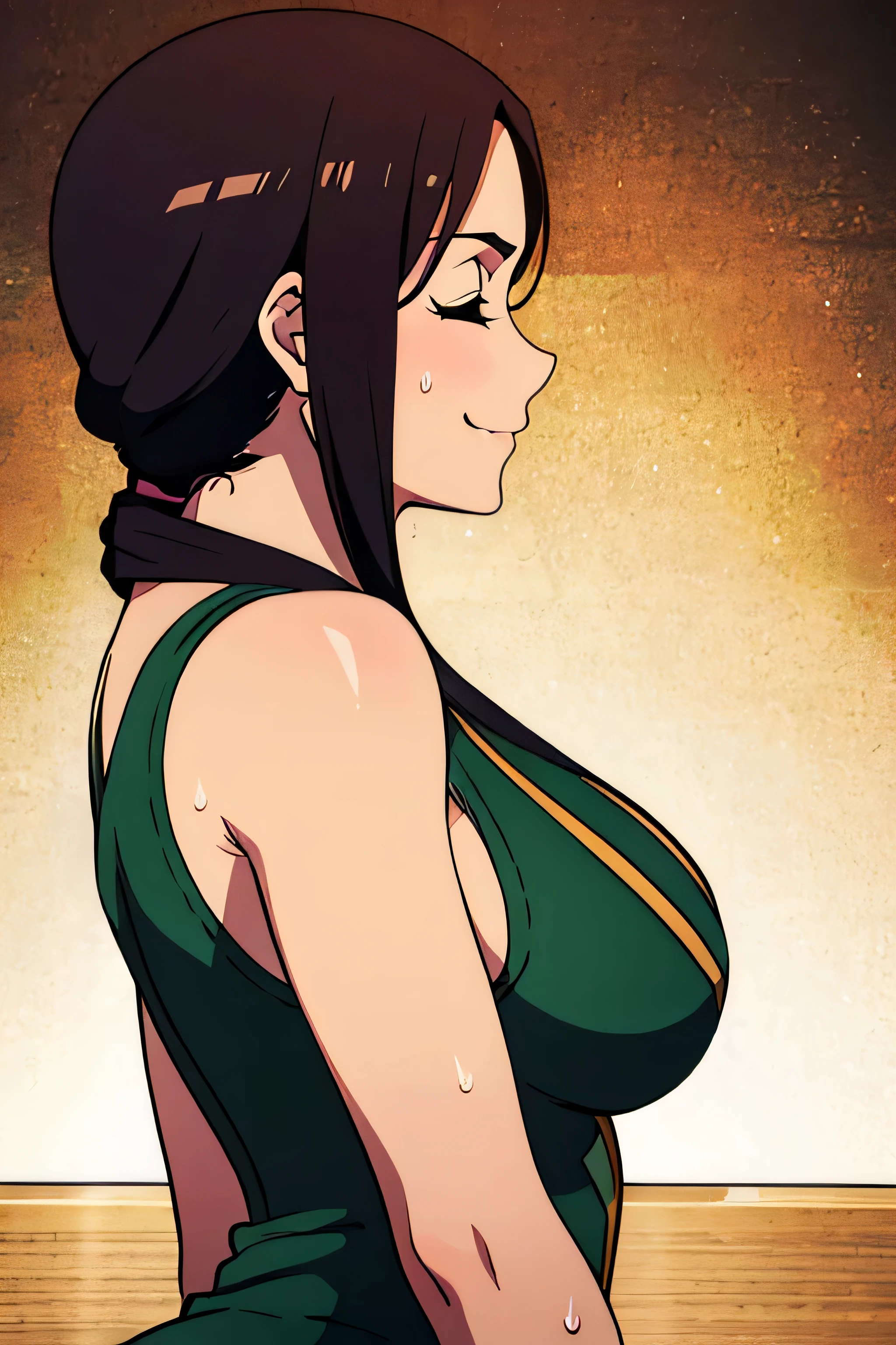 Jade,1girl, solo, upper body, side view, viewed from side, smile, sensual expression,eyes closed,leaning forwards,leaned forwards,sweaty