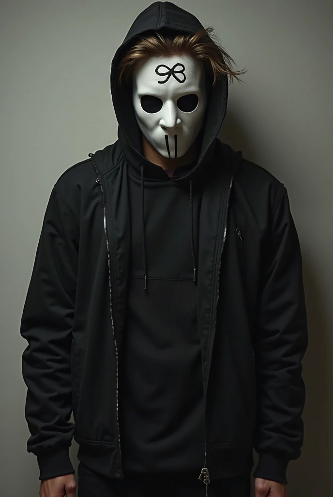 Terrifying hooded young man with a lead sweatshirt and a smiley face mask