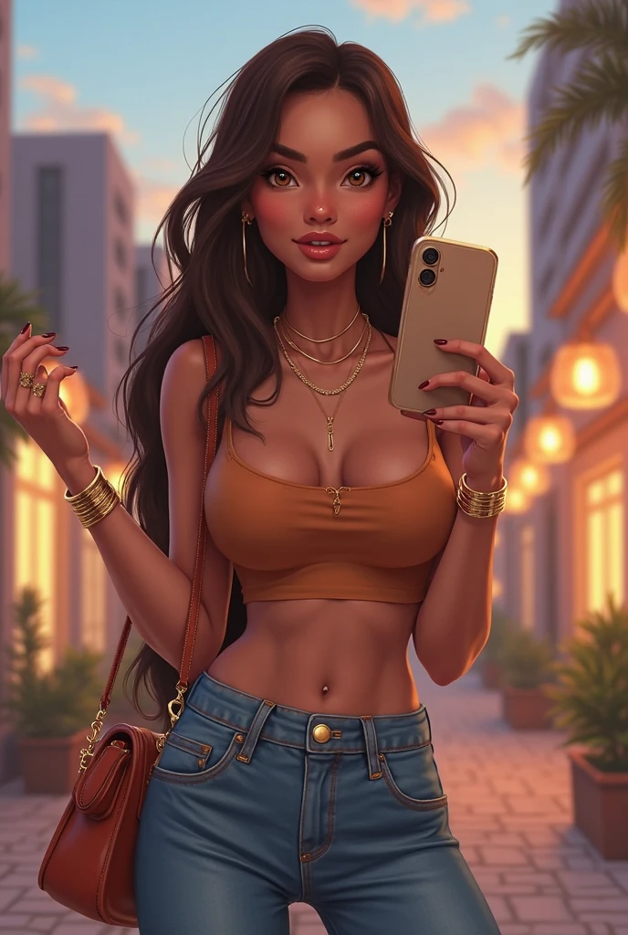 agora A scene of a confident young woman in provocative clothing taking a selfie with her cellphone. Her pose and expression should convey a sense of self-assuredness and allure. The art style should reflect the detailed and vibrant aesthetic of Studio Ghibli, with attention to her fashionable outfit and the playful nature of the selfie.