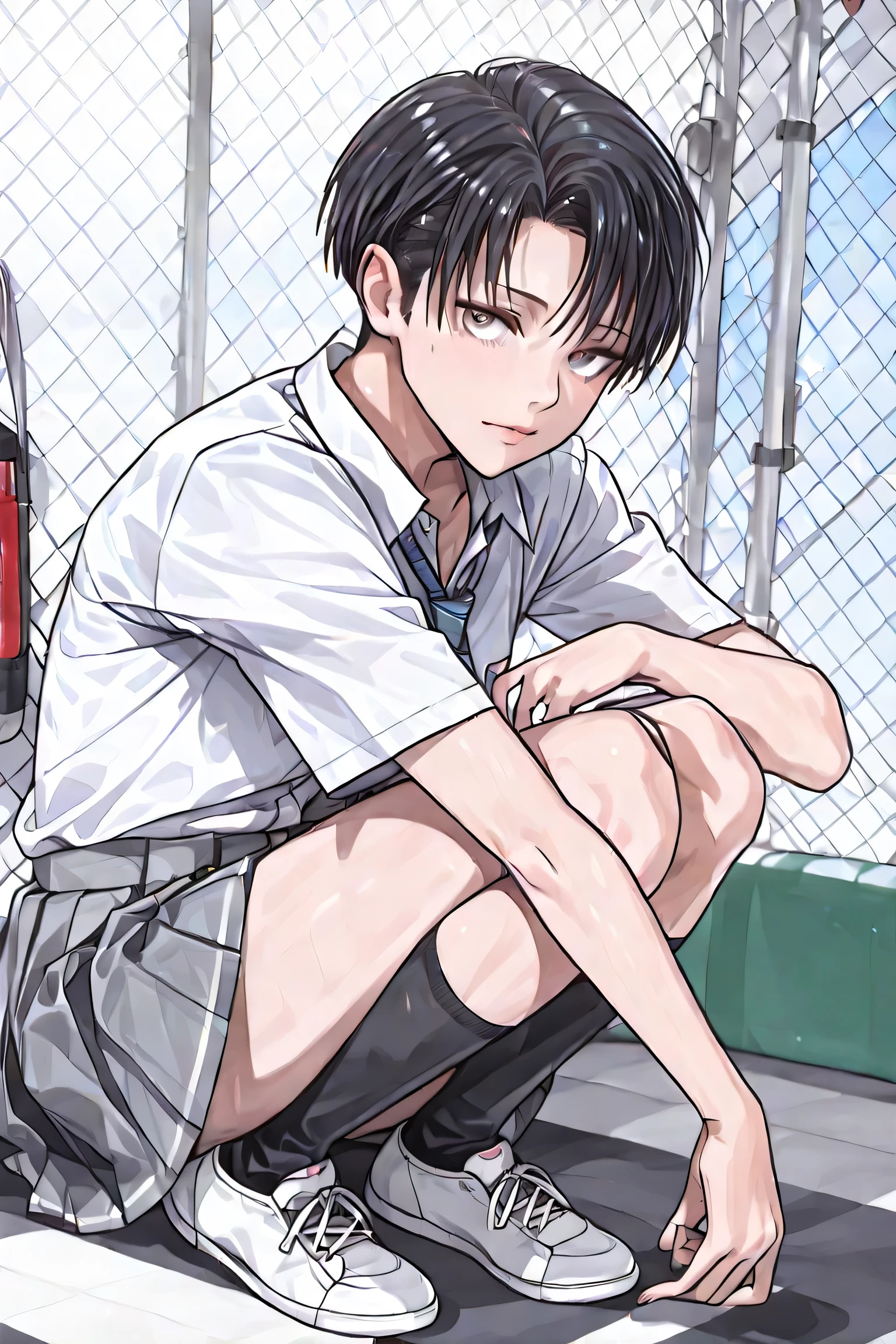 Levi、short hair、realistic、full body(1:2)、I'm wearing a school uniform shirt、looking at me、 reach out
