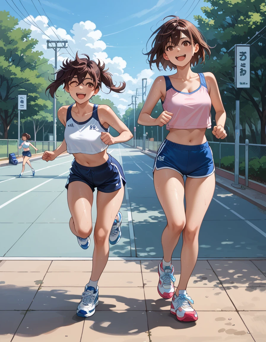 masterpiece, best quality, ultra-detailed, illustration, an extremely delicate and beautiful,high resolution, ultra-detailed,,perfect face,slender perfect body, Tight belly,Toned buttocks,Constricted waist,,(3 girls to running:1.7), 15yo,(1girl to pink hair,1girl to white hair,1girl to brown hair), (1girl to very short hair,1girl to braided long hair,1girl to okappa hair),(hachimaki), shy daughter, short stature, small tits,(flom track and field), (fashionable track and field athlete),(bike shorts), small tits, (wet:1.2), track and field,stadium,((very wide shot )),(cameltoe),( visible through clothes:1.2)