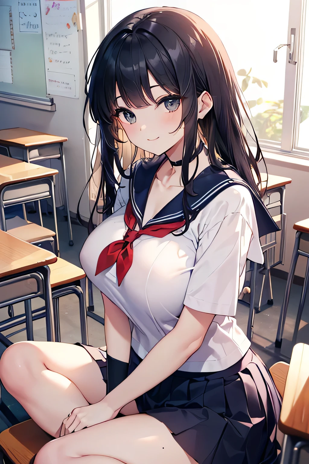 highest quality、High resolution、detailed background、beautiful and detailed face、beautiful and smooth skin、skin texture、professional lighting、Beautiful teenage girl、(huge breasts:1.3)、((sexy sailor suit))、Pleated mini skirt with tartan plaid pattern、cute hairstyle、white knee high socks、
((tied to a chair in the classroom、tied to a classroom desk、the whole body is restrained、Hands and feet are restrained、))、tied up and legs spread、emphasize the chest、underboobを強調する、No bra、chest is restricted、Arms are tied、tied up with a rope、 underboob、panty shot、stripe々panties、camel toe、
Look at me happily、smile、sexually restrained、on the desk in the classroom
