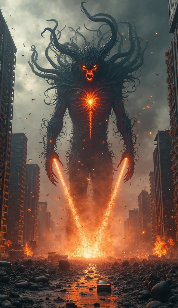 A giant monster with glowing eyes and claws stands in front of the city, Fluid Wind Oak Chinese Arboreal Hydra, lava surface, Insect-like
, Post-apocalyptic wasteland, apocalyptic event,Camera angle: Wide shot to capture the full figure, whole body, upright posture, (Toe)、(Finger detail on both hands)、