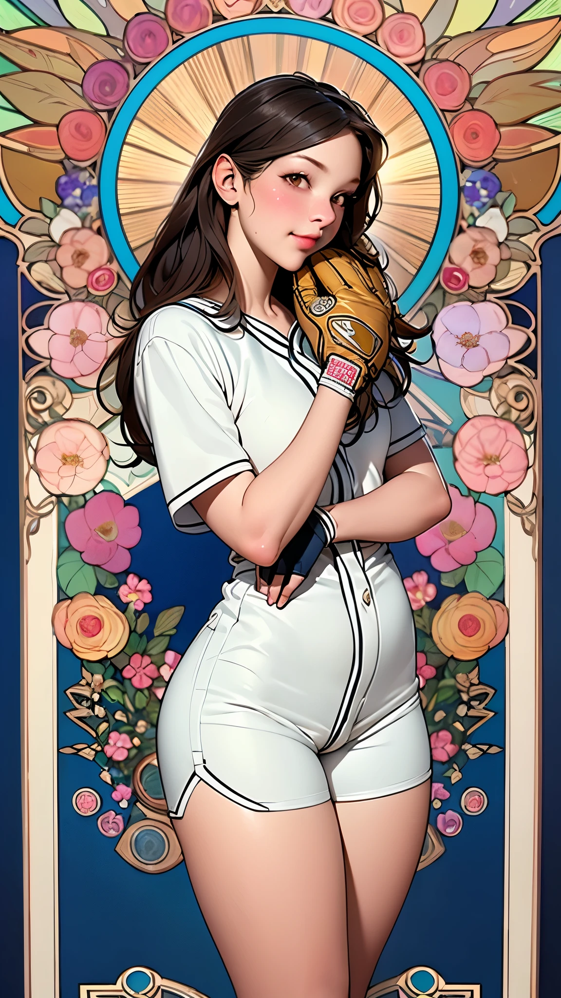 posters,(by mucha:1.2),((Art Deco,Botanical Art, Flower Art)),( floral :1.2), (Masterpiece, highest quality),( vibrant colors, colorful),(Amazing Details, detailed biography), anatomically accurate, Accurate drawings, detailed map, ready to Pitch pose hip swing,
(Baseballユニホーム), cute face、cute Outfits 、gorgeous face、short and disheveled hair, classic, pitching pose 、 baseball gloves、 shorts、Baseball, style of smeglejj