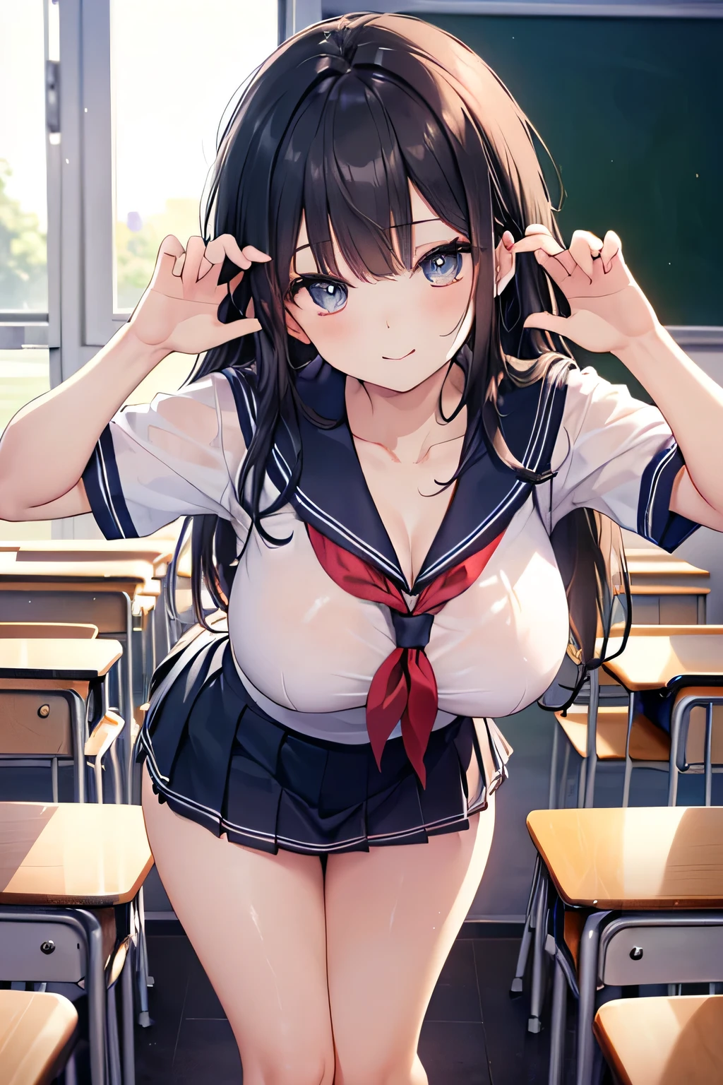 (highest quality), (masterpiece), 1080p, High resolution, 4K, 8k, Looking down, Lower Body, Leg spread, Embarrassing, ((school uniform)), classroom, smile, Exposing shoulders, blowjob, between chest, Paizuri, chest, Breast compression, Panic face, Nipples, Light blue, ((stripe Bikini)), ((Micro Bikini)), Light blue, Shooting from directly below, Long black hair, Thigh-high socks, 18-year-old, Sweat