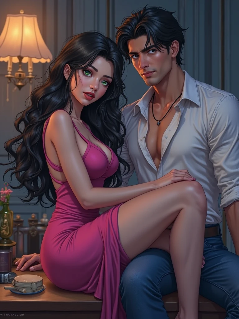 show a picture of a handsome and muscular man dressed in a black suit who is sitting on a sofa holding a beautiful girl in a sexy dress on his lap in japanese animation