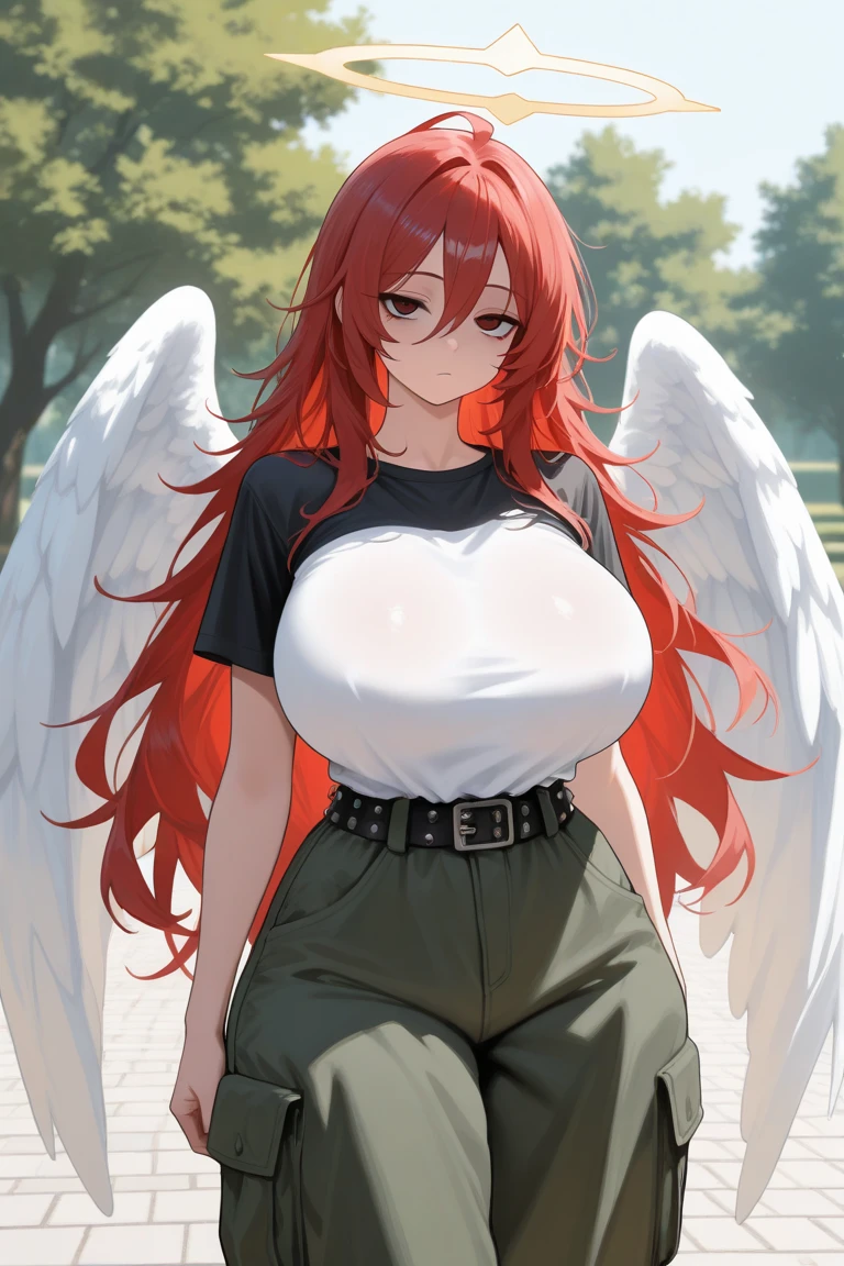 1 girl with red hair in a pigtail, facing the front of the screen, hair with many flowers, white skin, big breasts, big butt, purple short skirt and t-shirt, with angel wings, background Lily garden, standing and posing