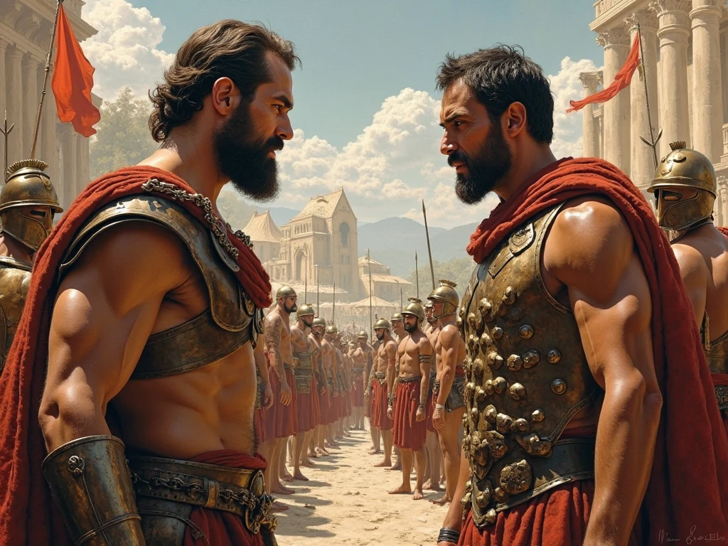 8k image, super realistic, Big Muscle Colossus of Rhodes, holding the sword of Conan with his right hand, with gladiator armor, with head gladiator armor, perfect face, perfect hands, at the entrance to the port of Santos in the country Brazil, with perfect seagulls flying in the background, boats passing between the legs of the Colossus of Rhodes. Sunny day.
