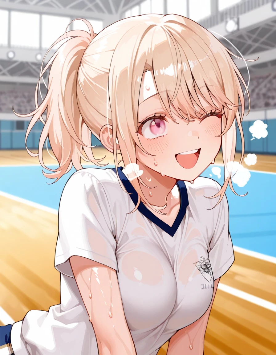 ultra-detailed,masterpiece,best quality,1girl,(petite),blush,evil smile,leaning forward,middle breasts,sgu,gym uniform,indoor,volleyball court,sweat,wet,volleyball net<lora:add_detail:1.5> <lora:sgu:0.6> <lora:sensualface_type1:1>