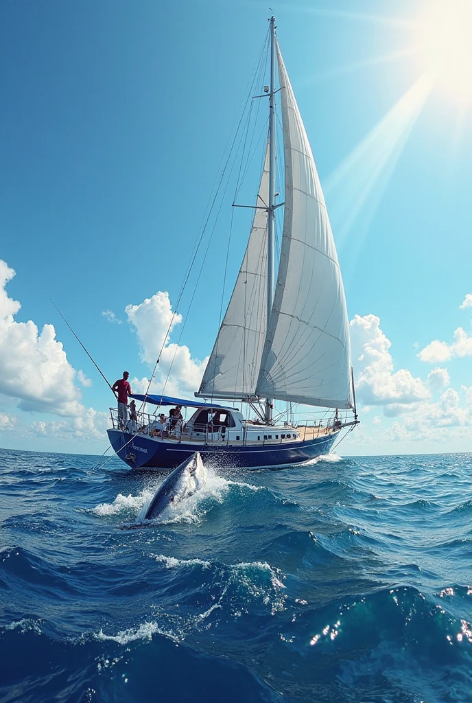 Tea clipper race at sea weather sun and wind next to a boat with people