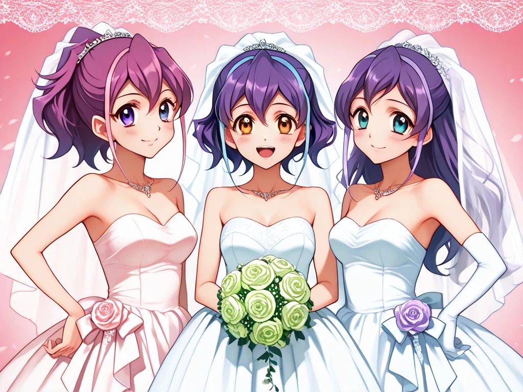 group, different face, 1 couple,Wedding dress,color dress, swiming pool,1 line,high quality,front view,masterpiece, extra detail