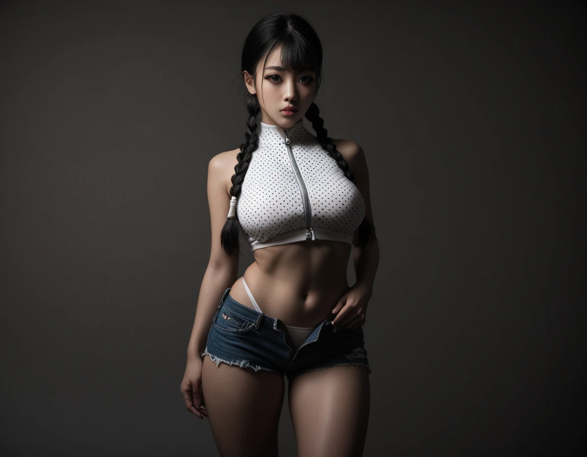 Cute 18-year-old girl, god, Short Girl, A slim body, Revealing clothing, Cute clothes, skimpy clothes, detailed face, beautiful eyes, long eyelashes, cute expression, Minimalist interior, dark-toned interior, photorealistic, 4K, high quality, hairstyle two ponytails, Short skirt, sneakers, sitting on the floor, front view,