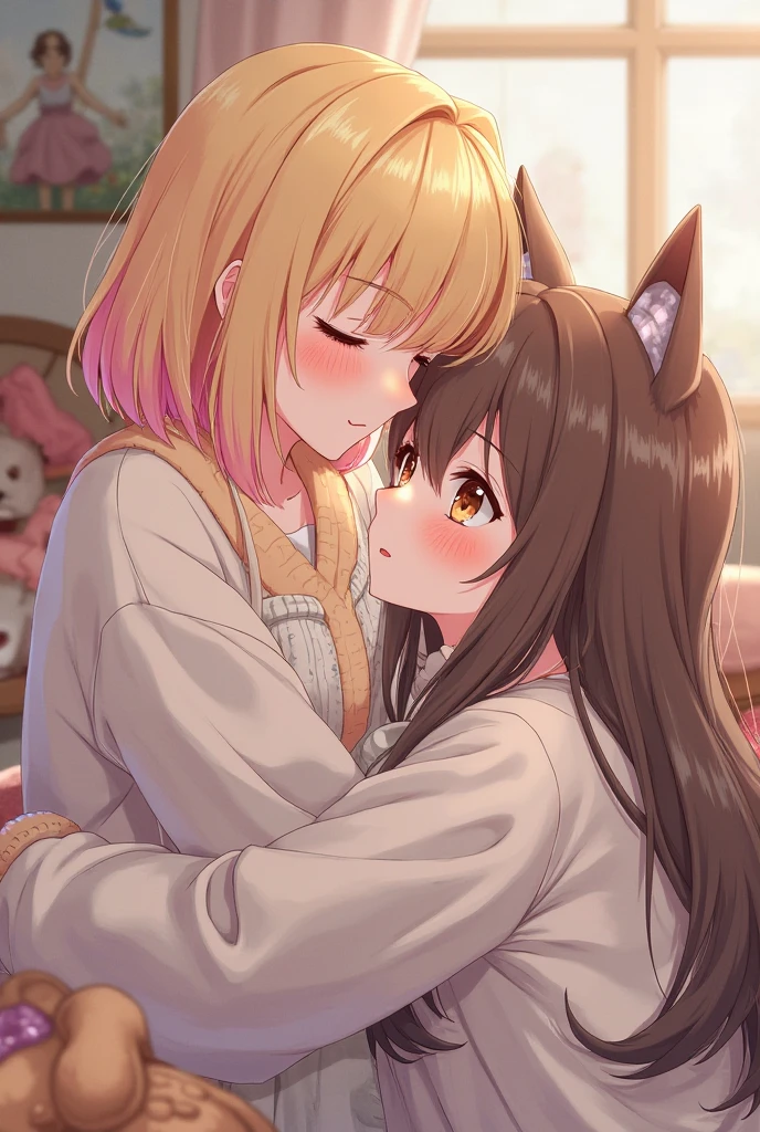 A goddess with her wife.
Astraphelina: A tall goddess with orange hair, green eyes, dark blue antlers, dark blue deer tail, dark blue broken wings. Wears greek goddess clothing. 
Lunarlight: Short goddess with brown hair, silver eyes, white cat tail and white cat ears on head. Wears oversized hoody and jeans.
They share a passionate love for one another through a soft kiss. 